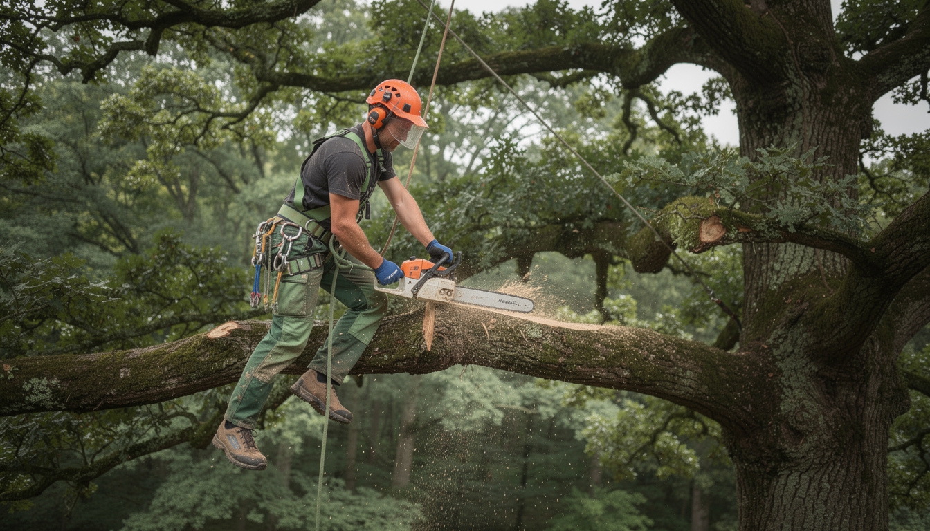 Arboryst pracujący na linach podczas wycinki drzewa